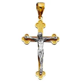 14k 2 Tone Gold Textured Finish Clover Tips Crucifix Pendant