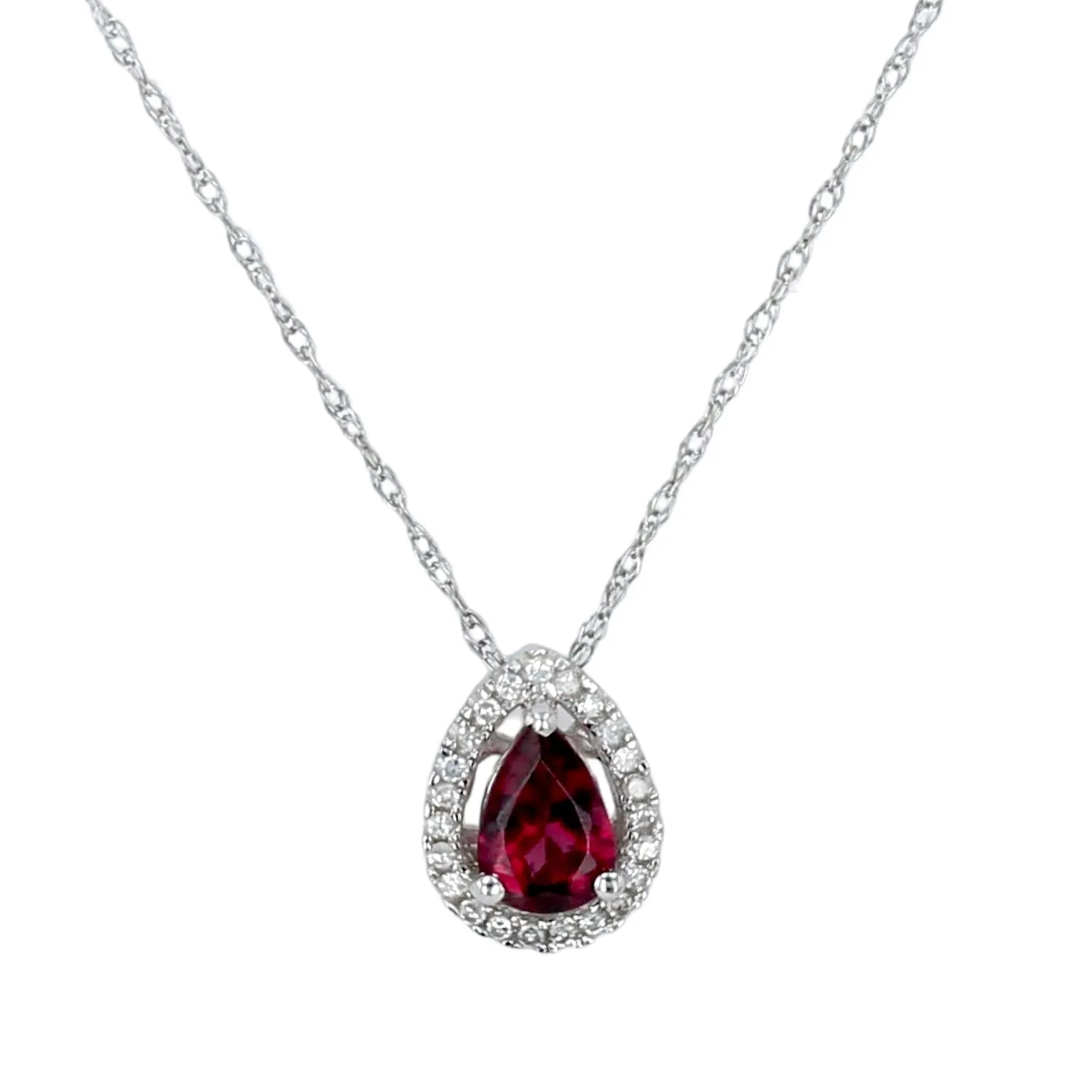 14K White gold drop tear halo garnet and diamonds Necklace- 14980