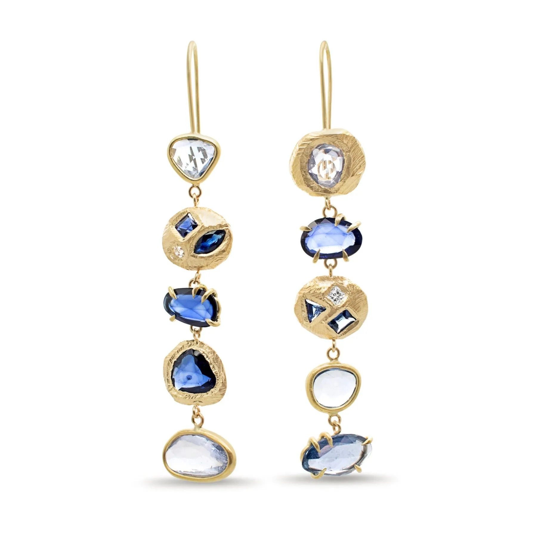 18K Five Drop Geometric Earrings In Ombre Blue Sapphires