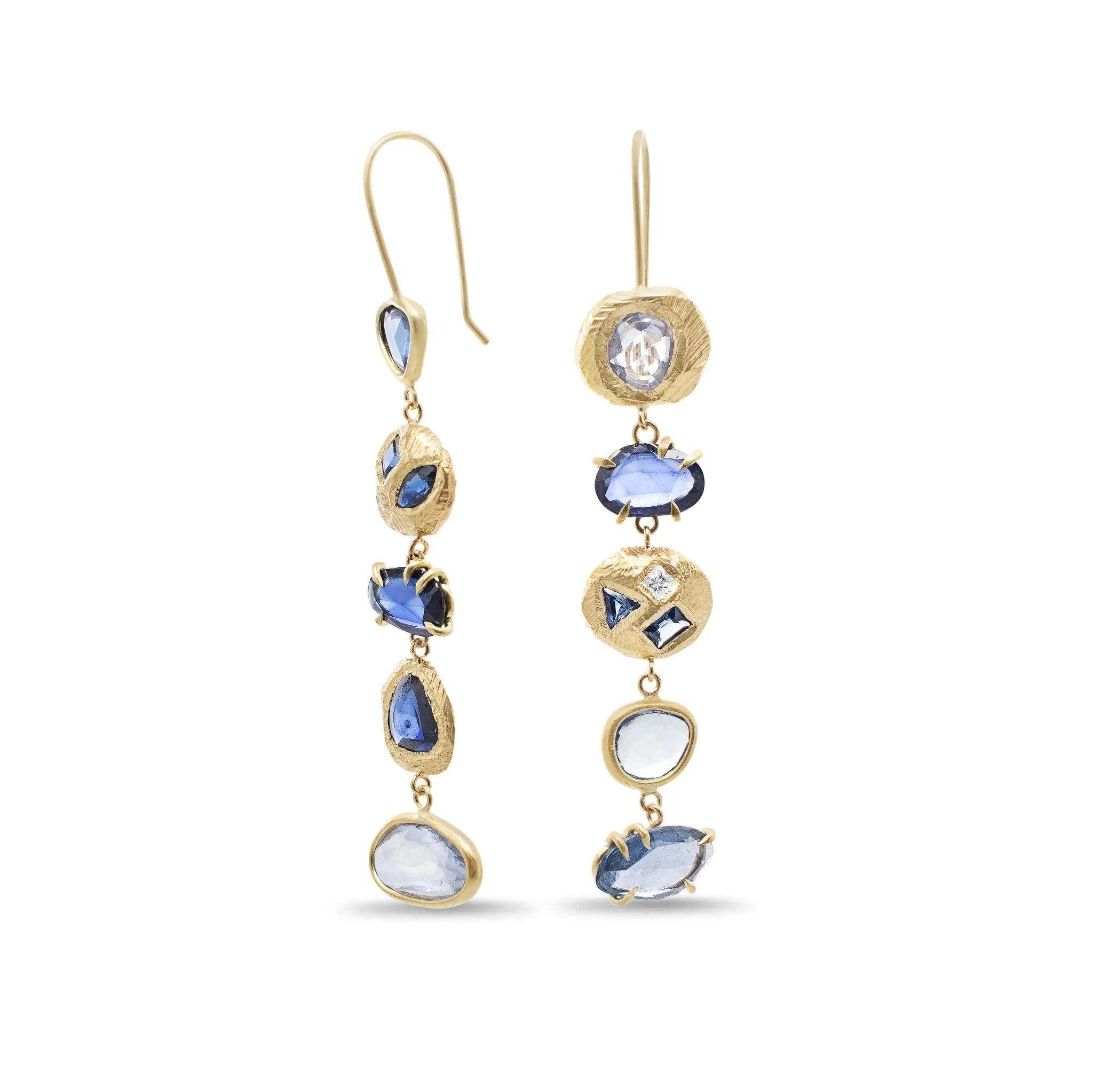 18K Five Drop Geometric Earrings In Ombre Blue Sapphires