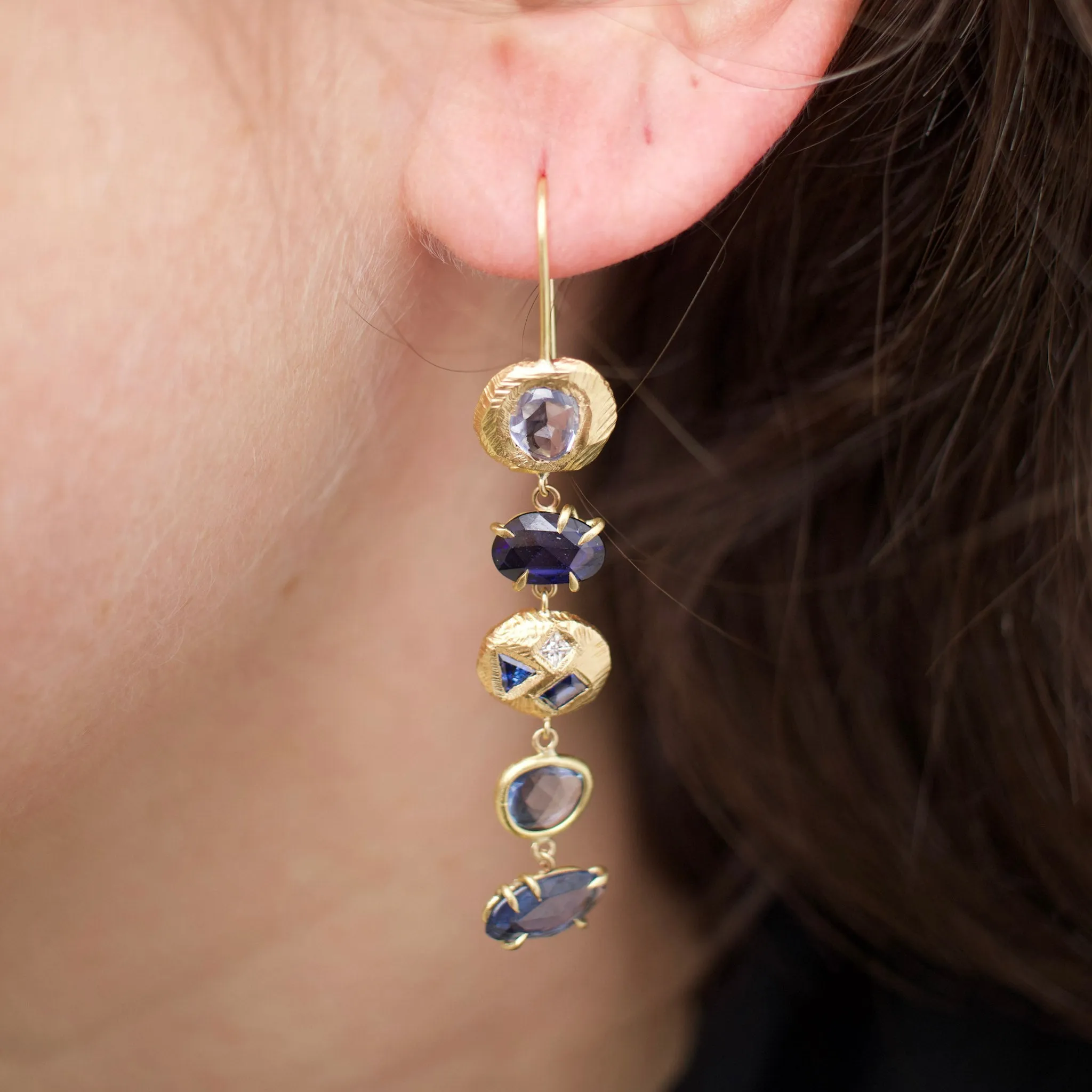 18K Five Drop Geometric Earrings In Ombre Blue Sapphires