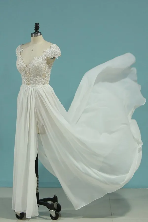 2024 Beach Wedding Dresses A-Line V-Neck Chiffon Full PNCEBN81