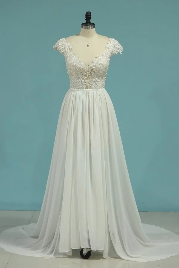 2024 Beach Wedding Dresses A-Line V-Neck Chiffon Full PNCEBN81