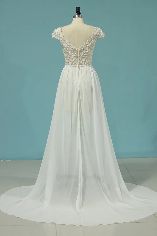 2024 Beach Wedding Dresses A-Line V-Neck Chiffon Full PNCEBN81