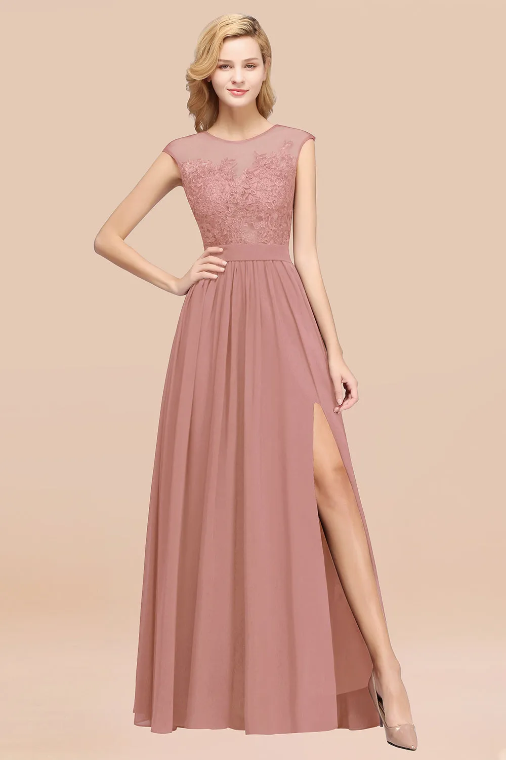 A-line Chiffon Lace Jewel Sleeveless Long Bridesmaid Dresses with Slit