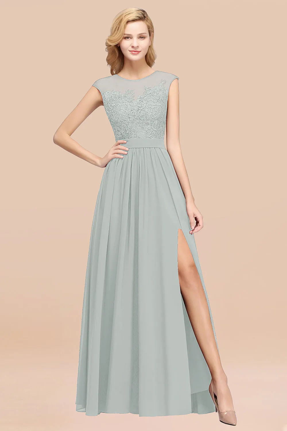 A-line Chiffon Lace Jewel Sleeveless Long Bridesmaid Dresses with Slit