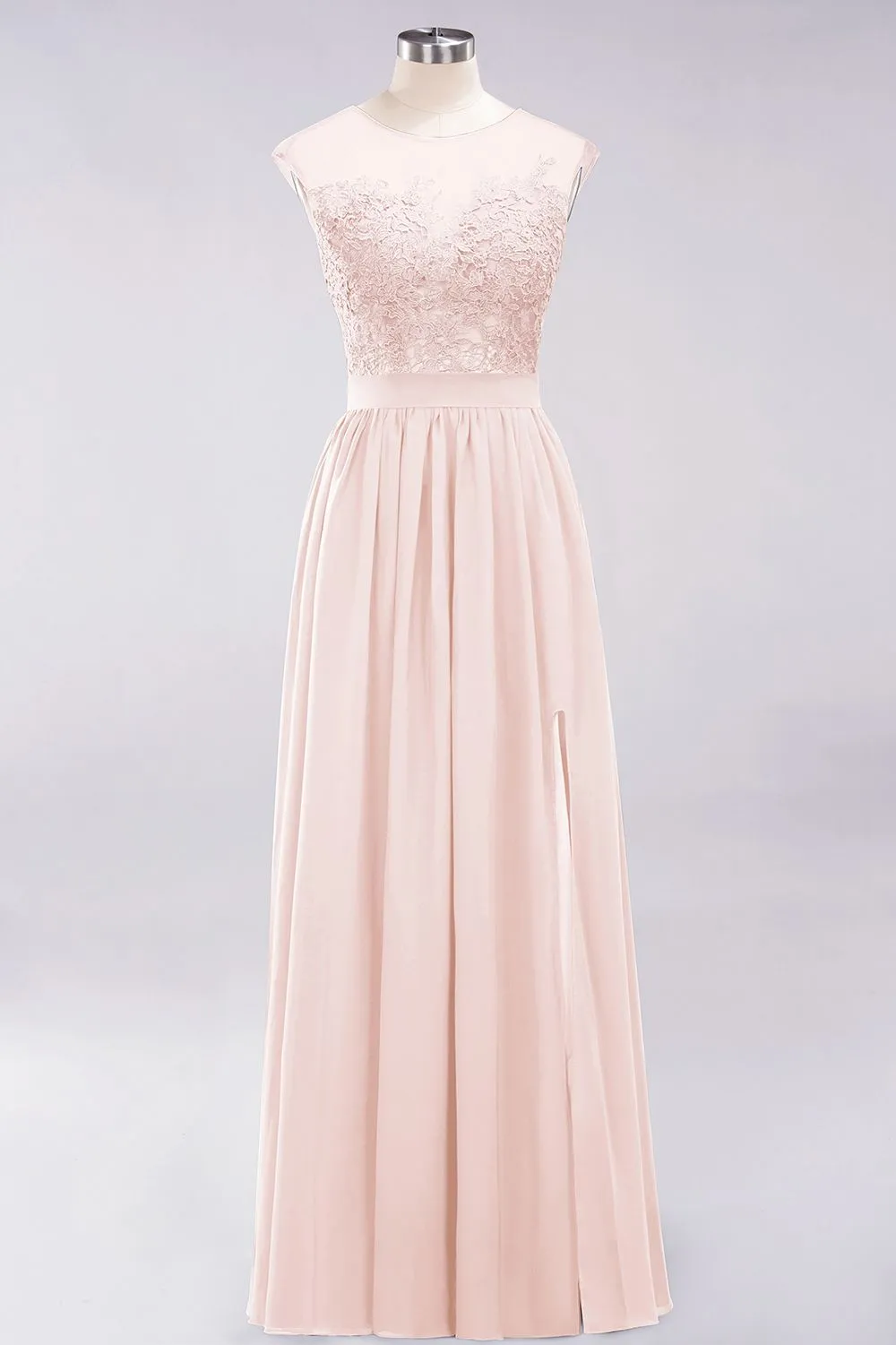 A-line Chiffon Lace Jewel Sleeveless Long Bridesmaid Dresses with Slit