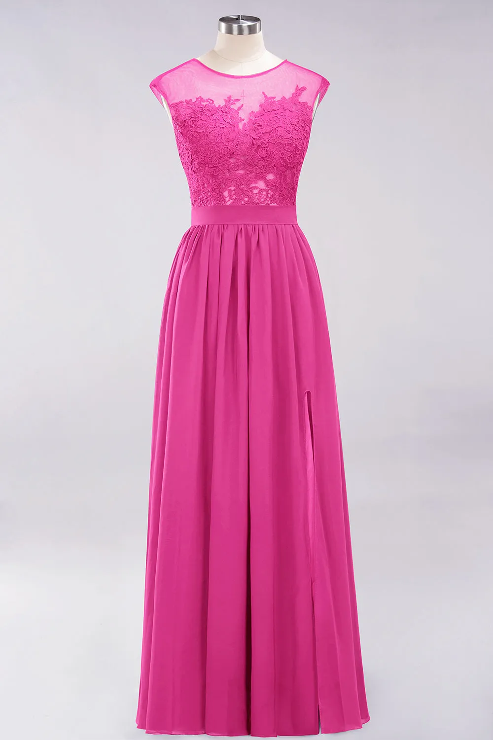 A-line Chiffon Lace Jewel Sleeveless Long Bridesmaid Dresses with Slit