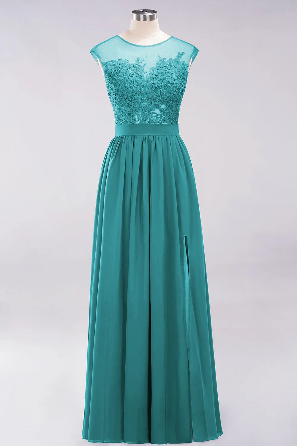 A-line Chiffon Lace Jewel Sleeveless Long Bridesmaid Dresses with Slit