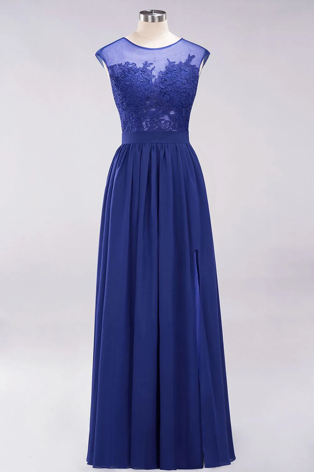 A-line Chiffon Lace Jewel Sleeveless Long Bridesmaid Dresses with Slit