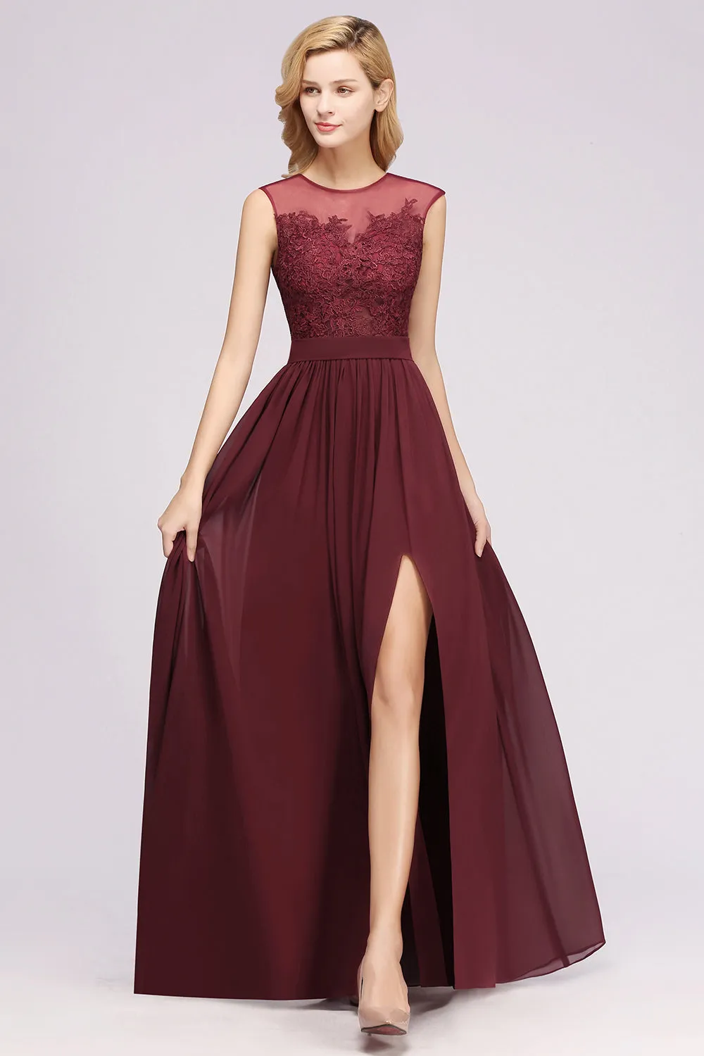 A-line Chiffon Lace Jewel Sleeveless Long Bridesmaid Dresses with Slit