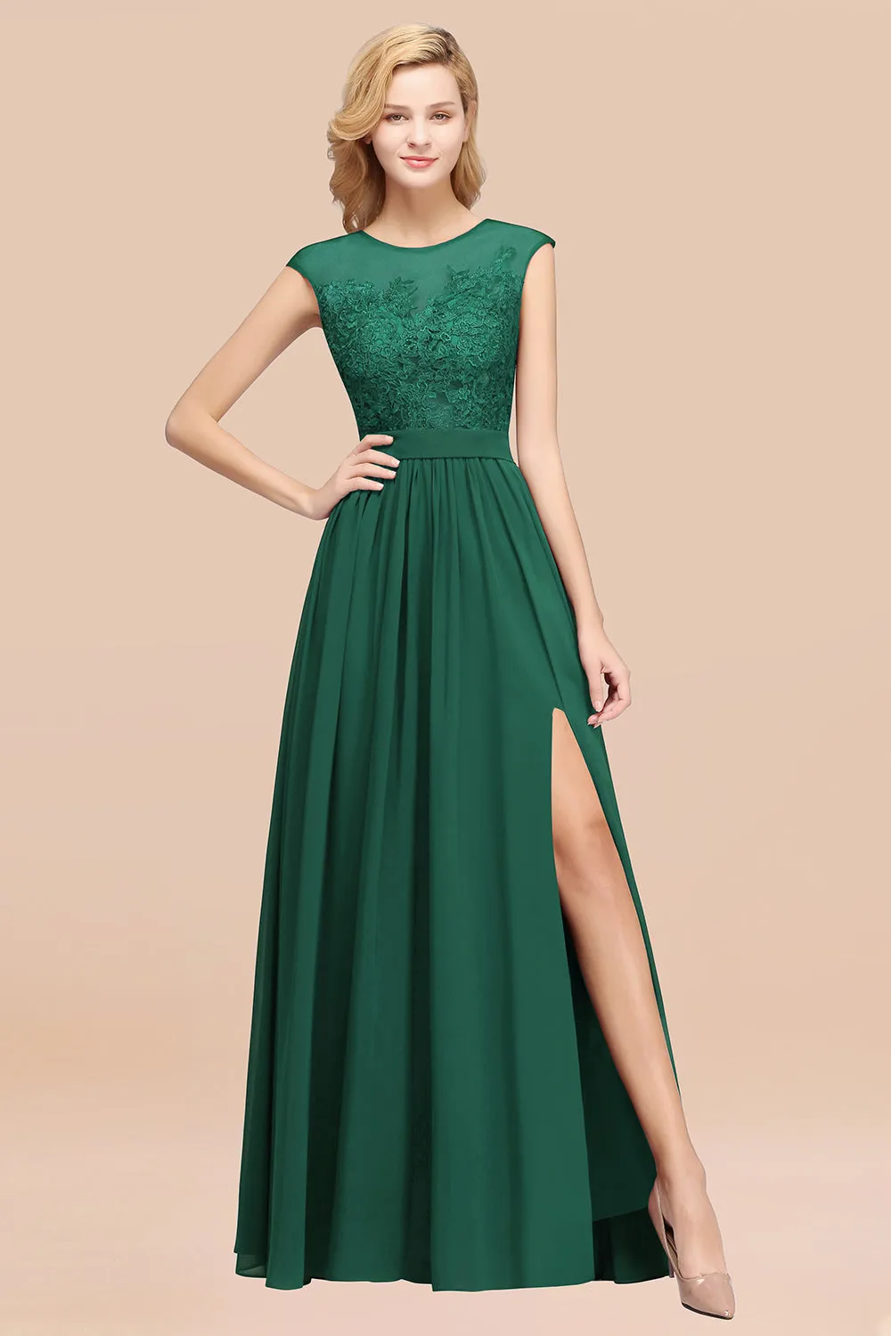 A-line Chiffon Lace Jewel Sleeveless Long Bridesmaid Dresses with Slit