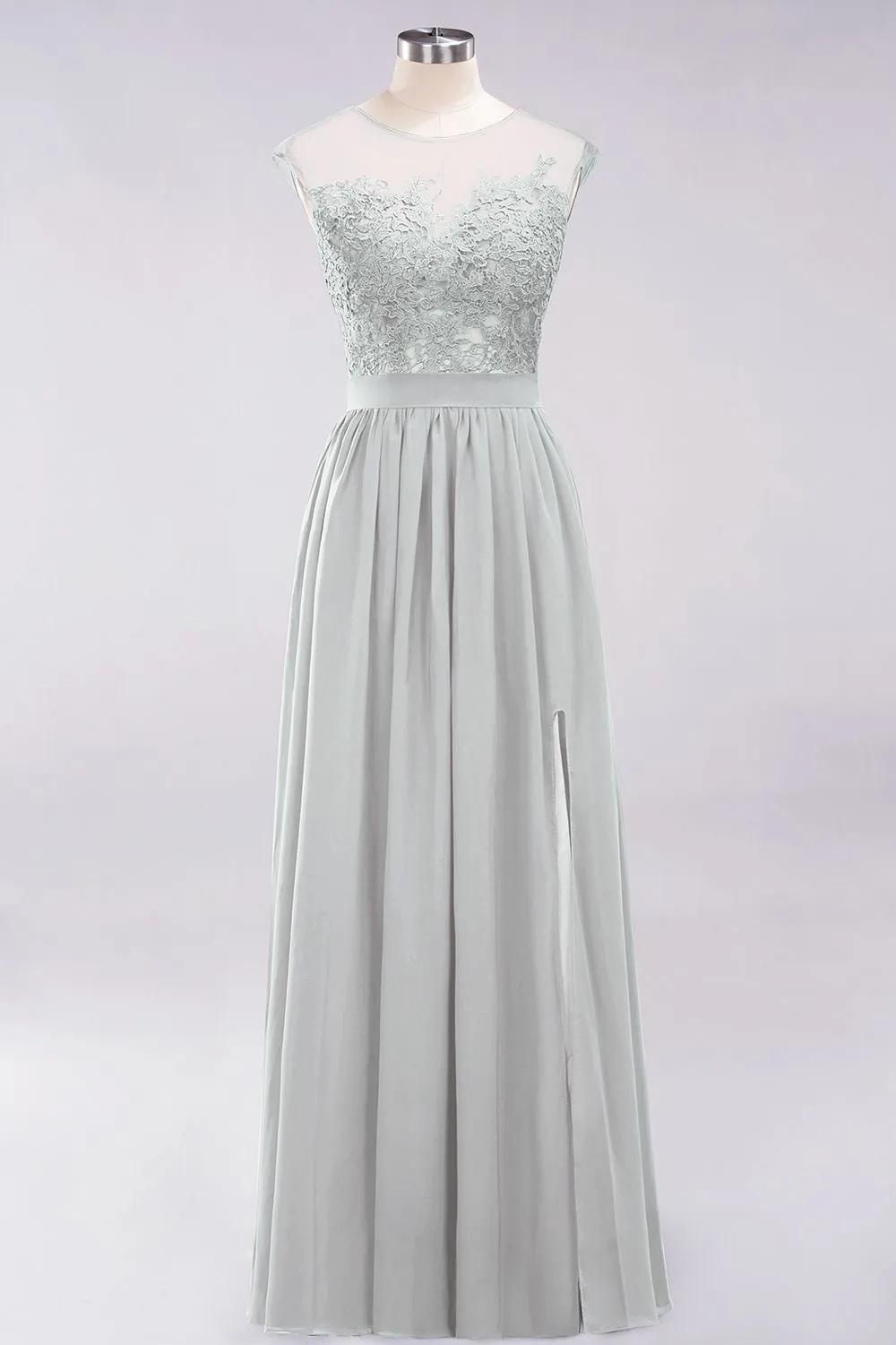 A-line Chiffon Lace Jewel Sleeveless Long Bridesmaid Dresses with Slit