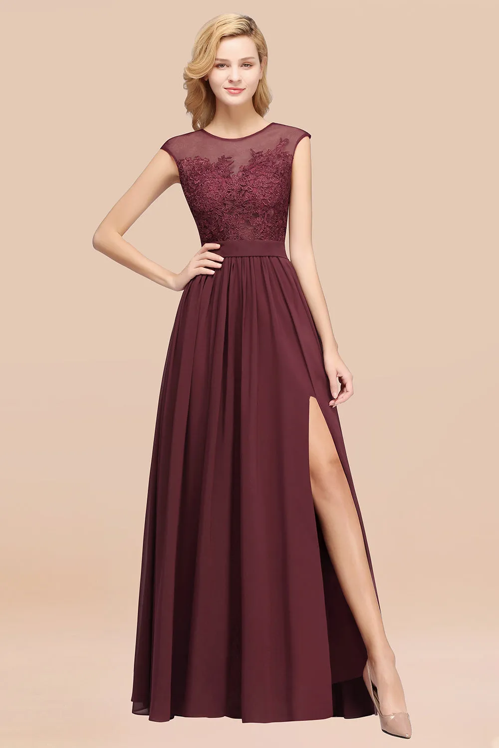 A-line Chiffon Lace Jewel Sleeveless Long Bridesmaid Dresses with Slit