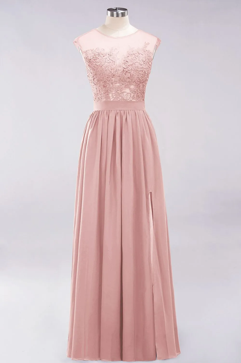 A-line Chiffon Lace Jewel Sleeveless Long Bridesmaid Dresses with Slit