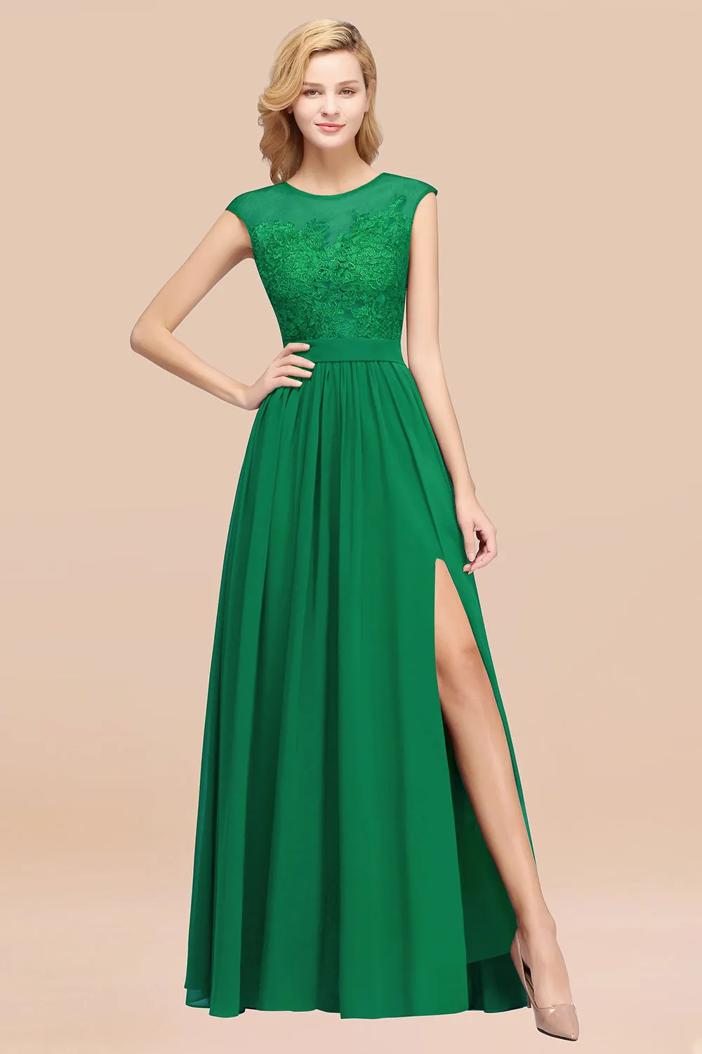 A-line Chiffon Lace Jewel Sleeveless Long Bridesmaid Dresses with Slit