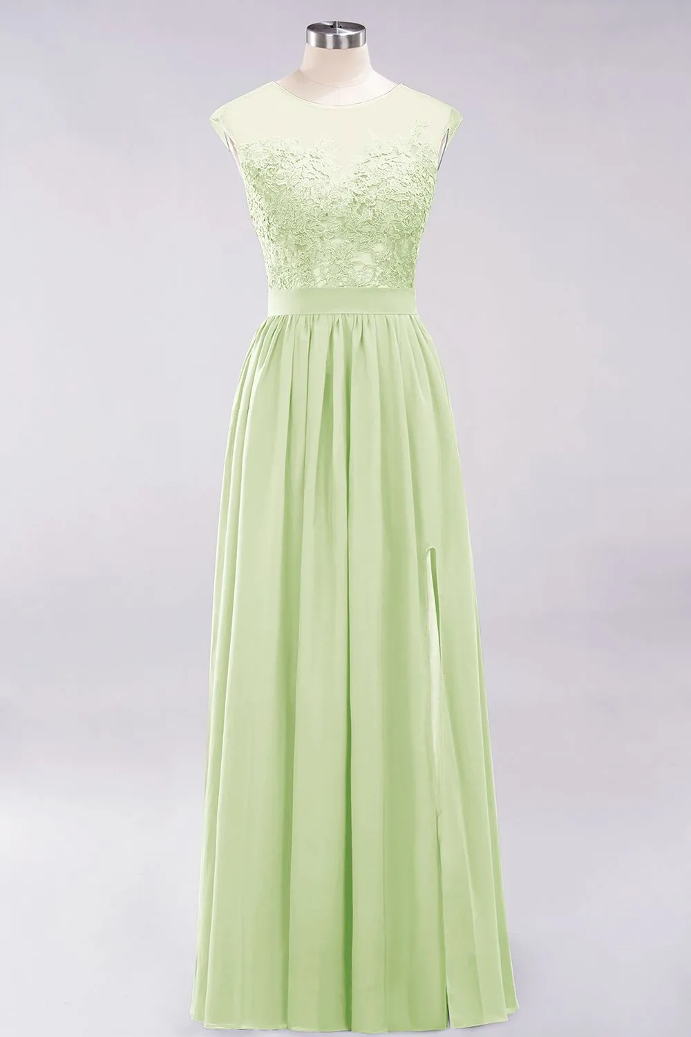 A-line Chiffon Lace Jewel Sleeveless Long Bridesmaid Dresses with Slit