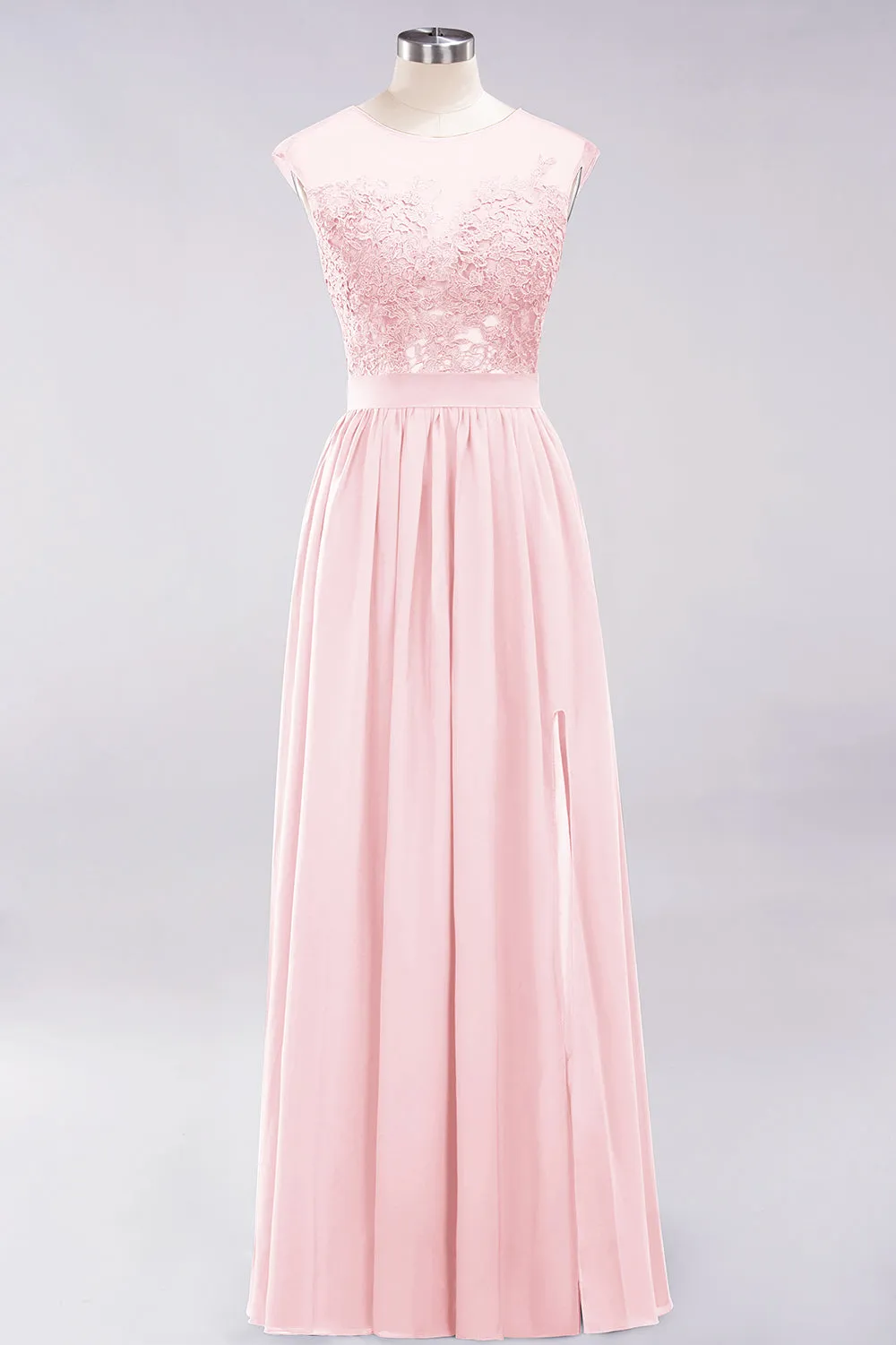 A-line Chiffon Lace Jewel Sleeveless Long Bridesmaid Dresses with Slit