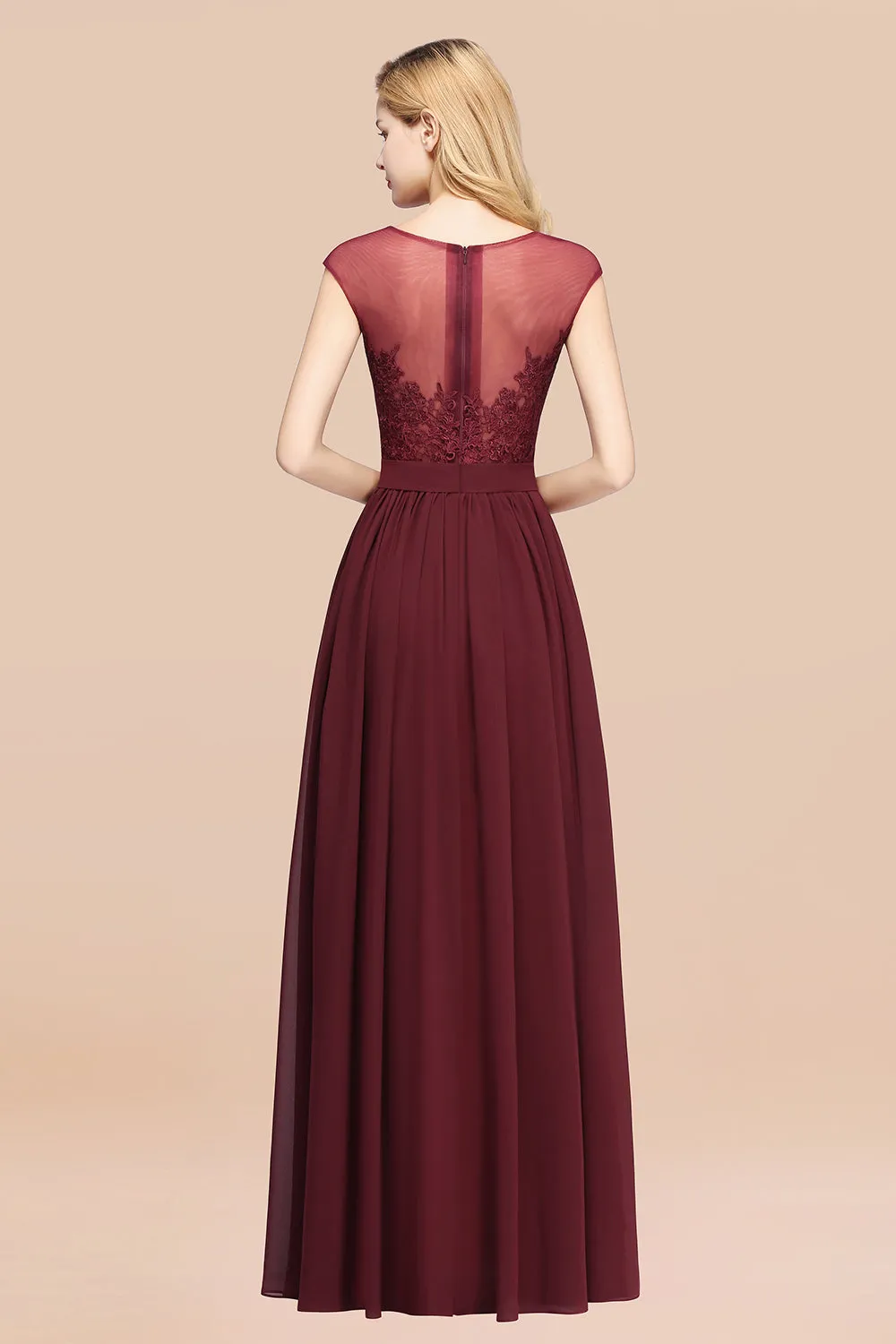 A-line Chiffon Lace Jewel Sleeveless Long Bridesmaid Dresses with Slit