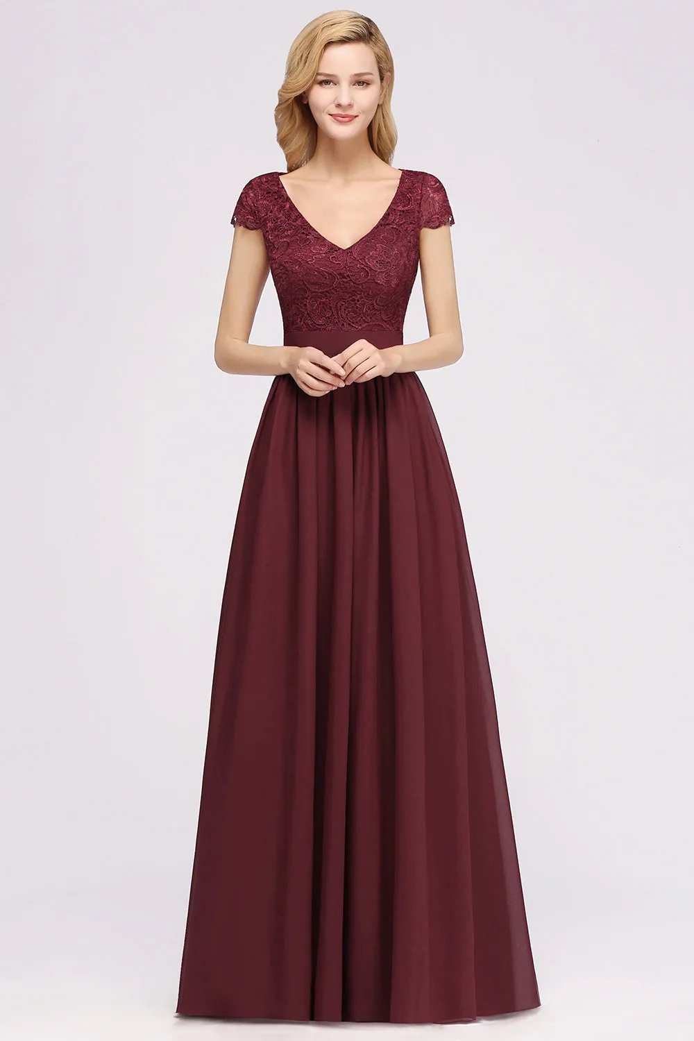 A-line Chiffon Lace V-Neck Sleeveless Long Bridesmaid Dresses with Ruffles