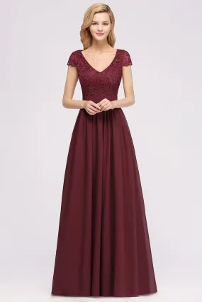 A-line Chiffon Lace V-Neck Sleeveless Long Bridesmaid Dresses with Ruffles