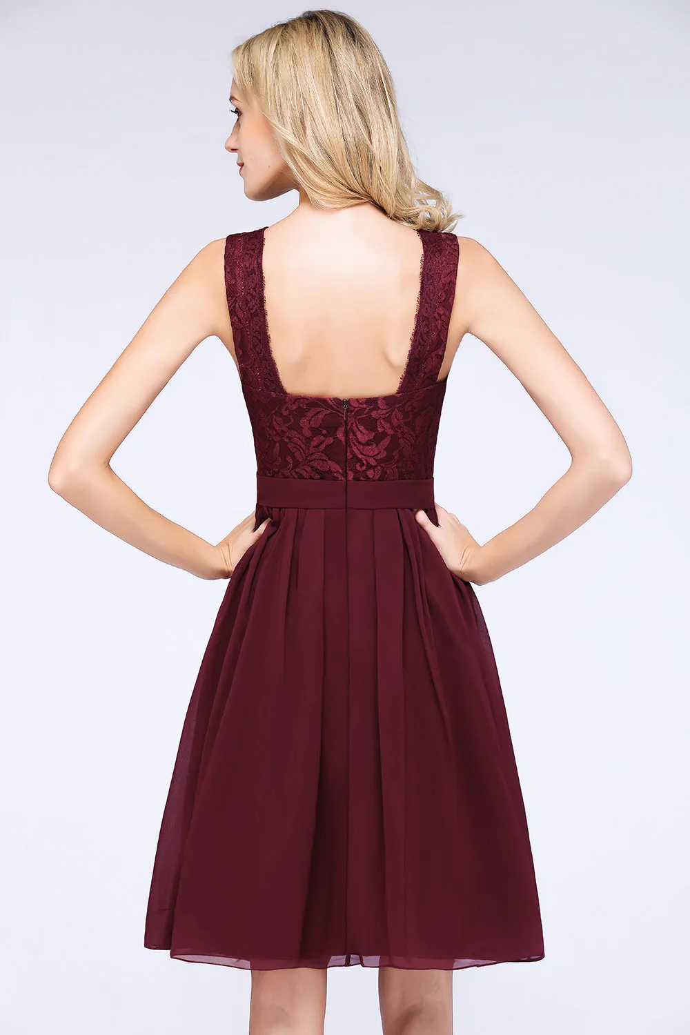 A-Line Chiffon Lace V-Neck Sleeveless Short Bridesmaid Dress with Ruffles