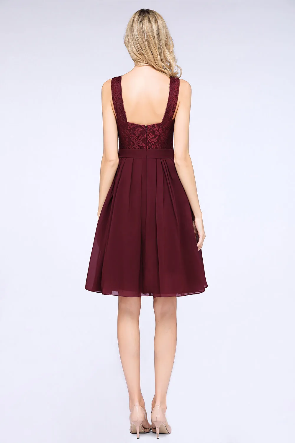 A-Line Chiffon Lace V-Neck Sleeveless Short Bridesmaid Dress with Ruffles