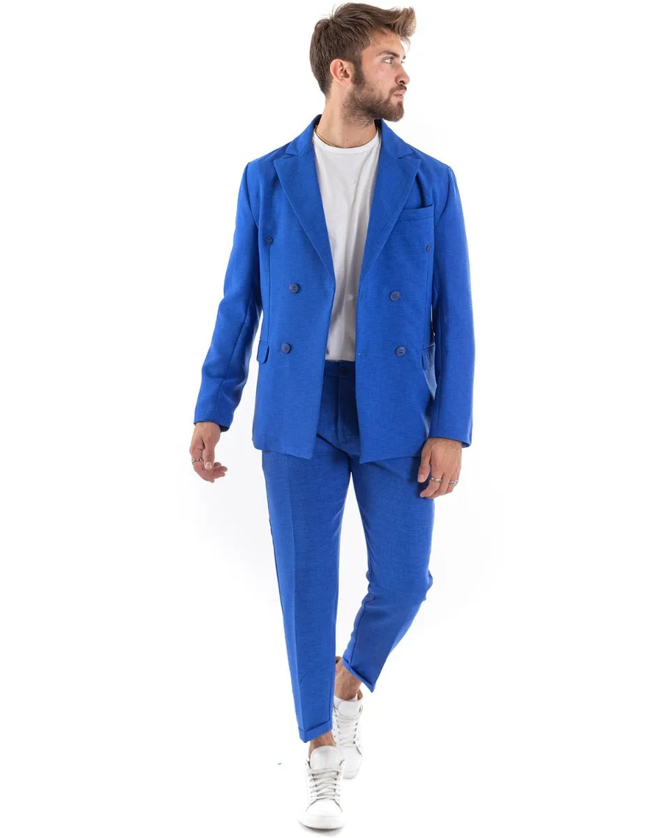 Abito Uomo Doppiopetto Vestito Viscosa Completo Giacca Pantaloni Blu Royal Melangiato Elegante Cerimonia GIOSAL-OU2203A