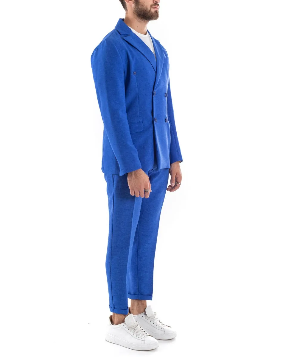 Abito Uomo Doppiopetto Vestito Viscosa Completo Giacca Pantaloni Blu Royal Melangiato Elegante Cerimonia GIOSAL-OU2203A