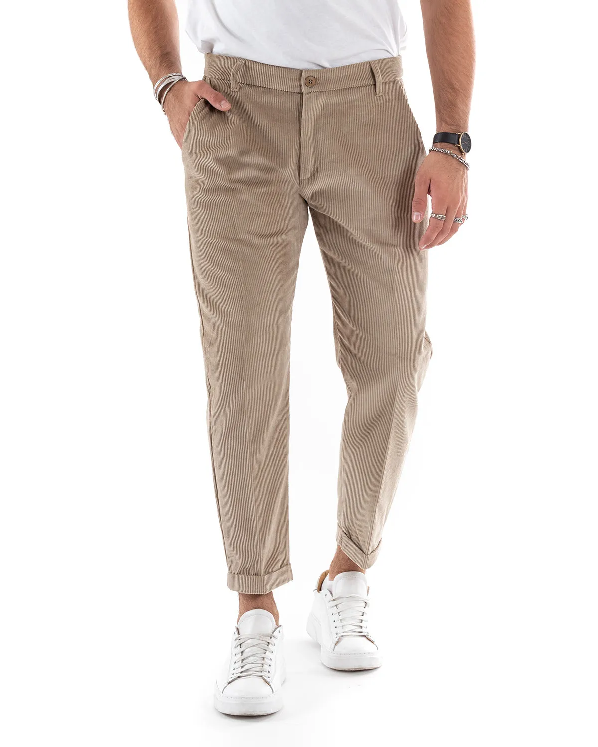 Abito Uomo Monopetto Vestito Velluto Completo Giacca Pantaloni Beige Elegante Cerimonia GIOSAL-OU2186A