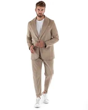 Abito Uomo Monopetto Vestito Velluto Completo Giacca Pantaloni Beige Elegante Cerimonia GIOSAL-OU2186A