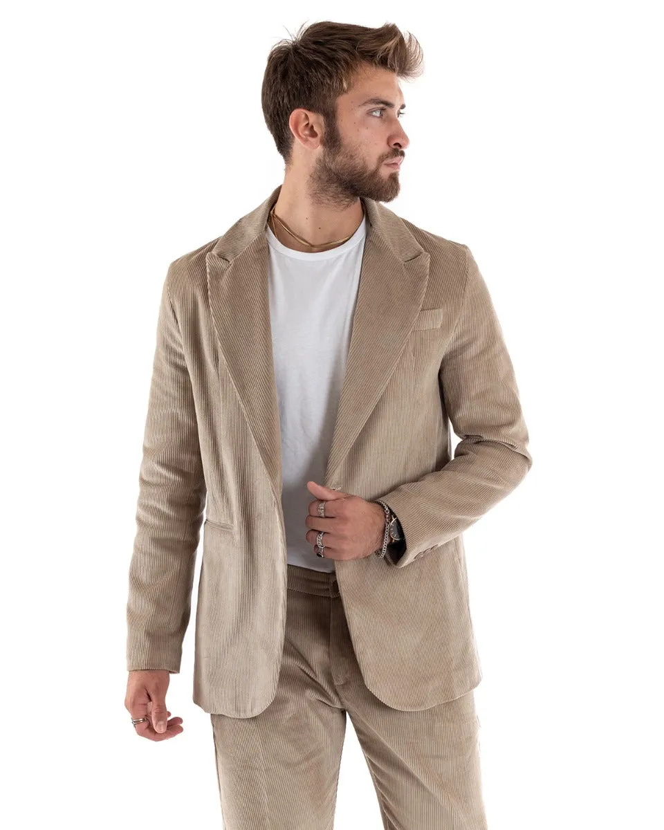 Abito Uomo Monopetto Vestito Velluto Completo Giacca Pantaloni Beige Elegante Cerimonia GIOSAL-OU2186A