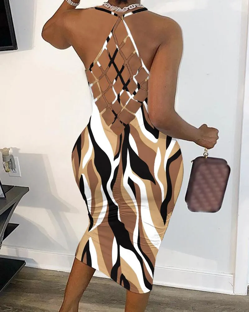 Abstract Print Fishnet Design Bodycon Dress