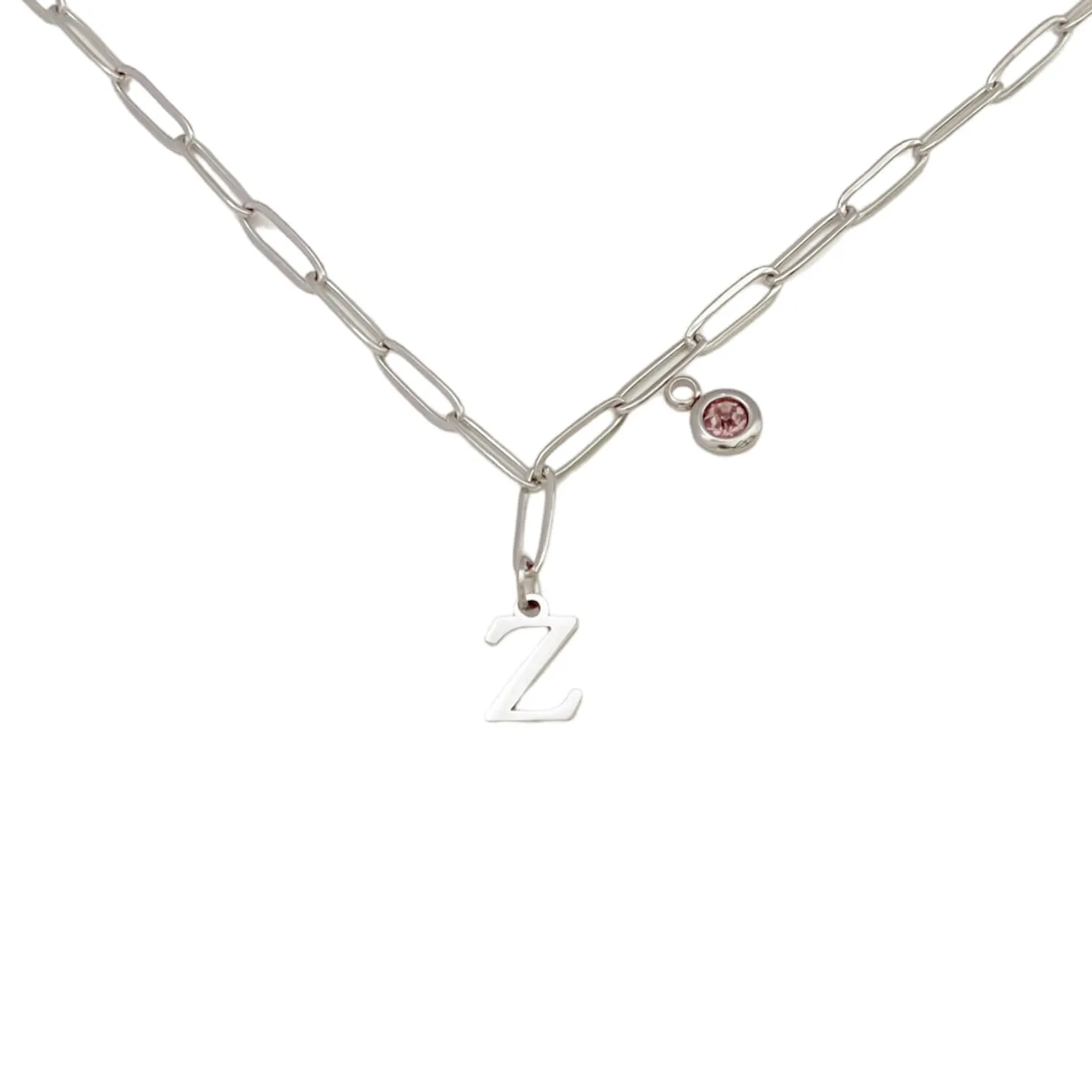 Alphabet Birthstone Paperclip Necklace Silver (V-Z)