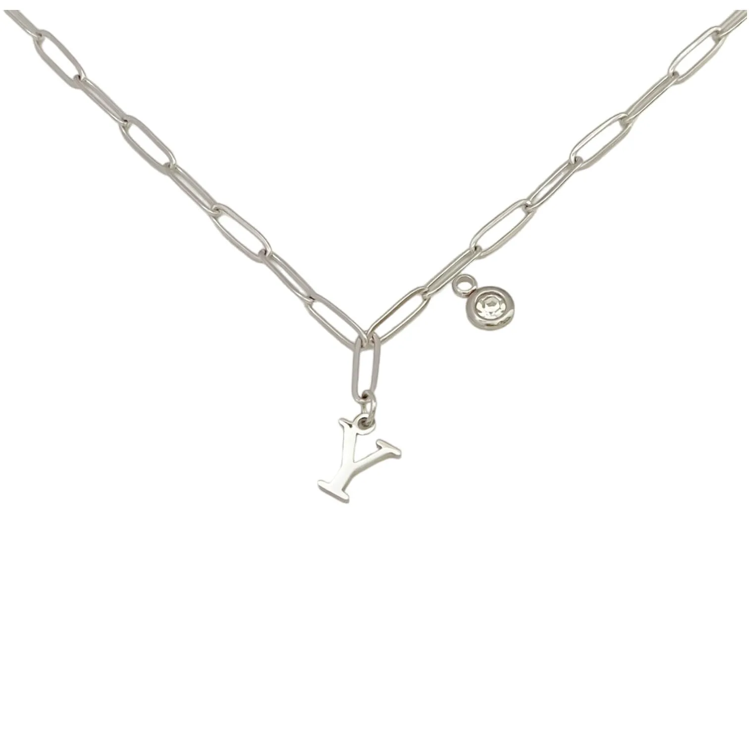 Alphabet Birthstone Paperclip Necklace Silver (V-Z)