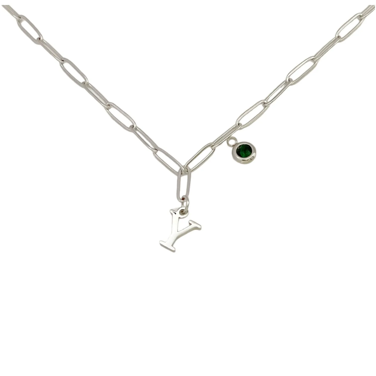 Alphabet Birthstone Paperclip Necklace Silver (V-Z)