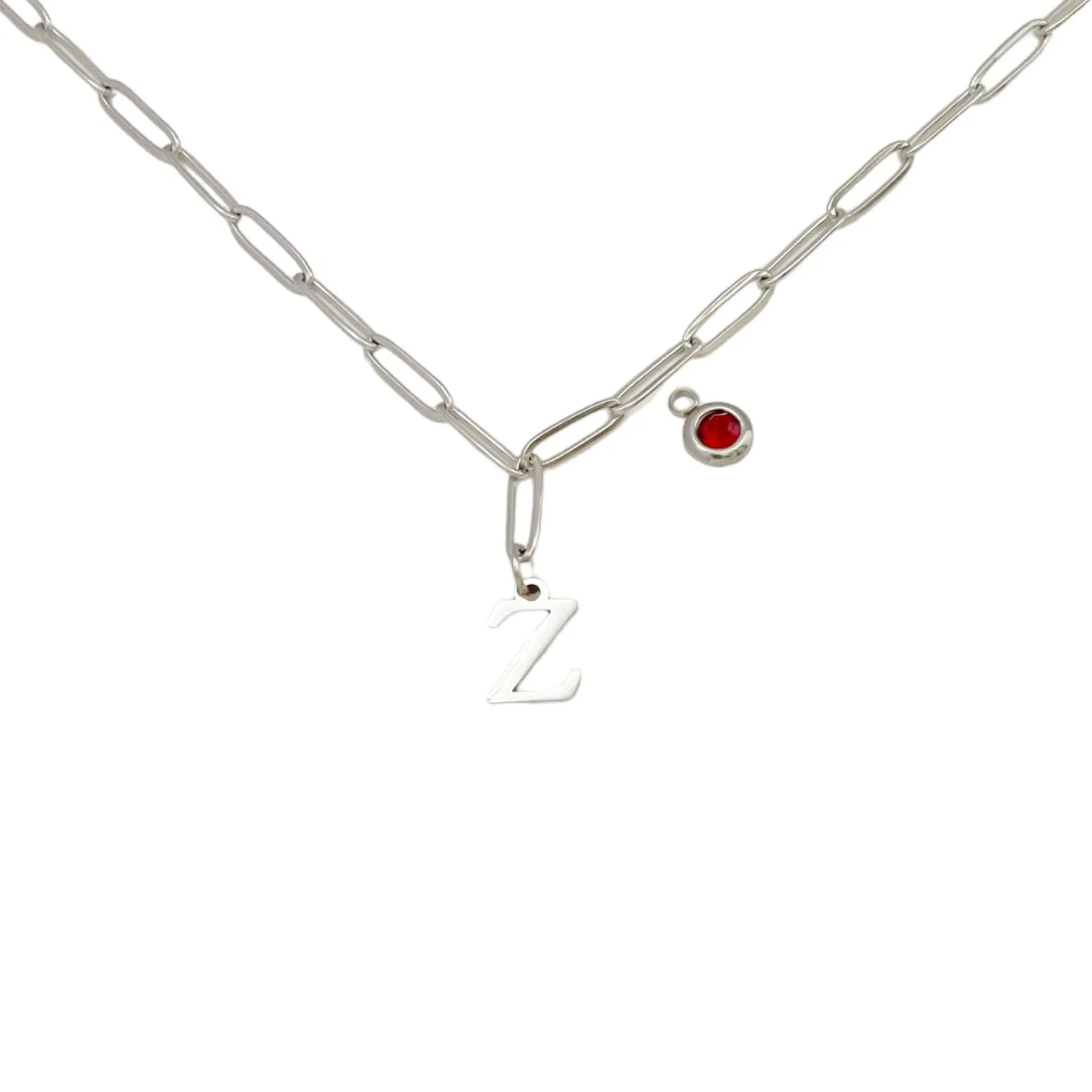 Alphabet Birthstone Paperclip Necklace Silver (V-Z)