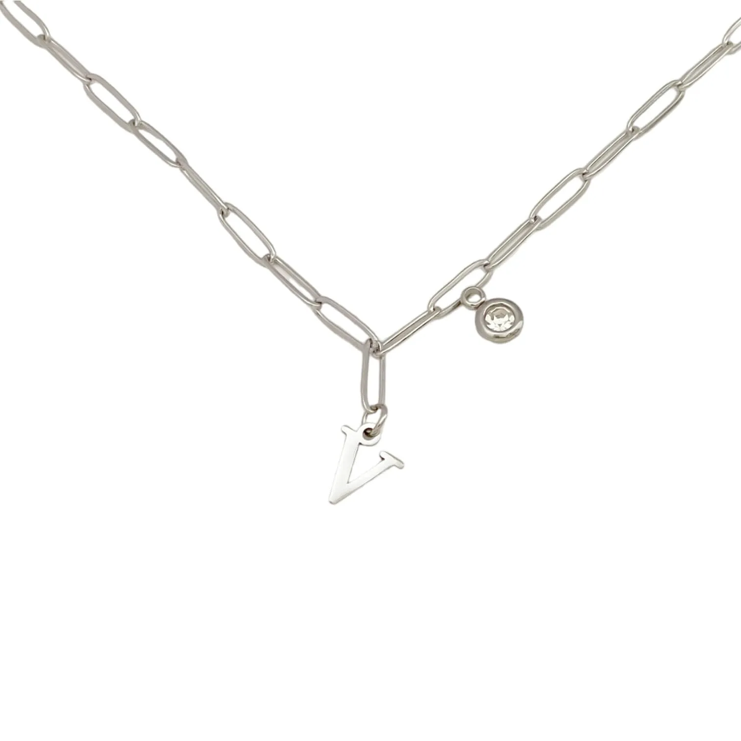 Alphabet Birthstone Paperclip Necklace Silver (V-Z)