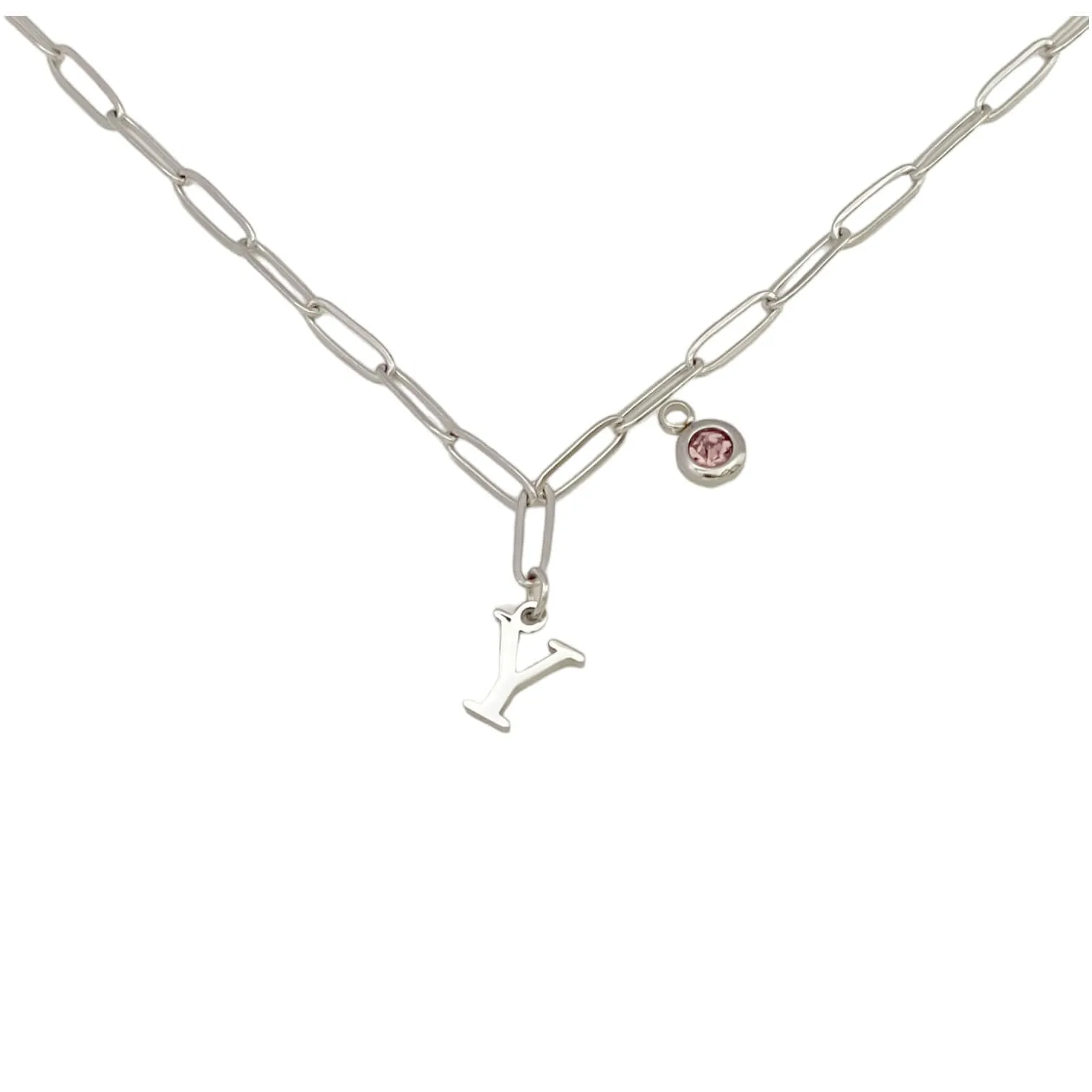 Alphabet Birthstone Paperclip Necklace Silver (V-Z)