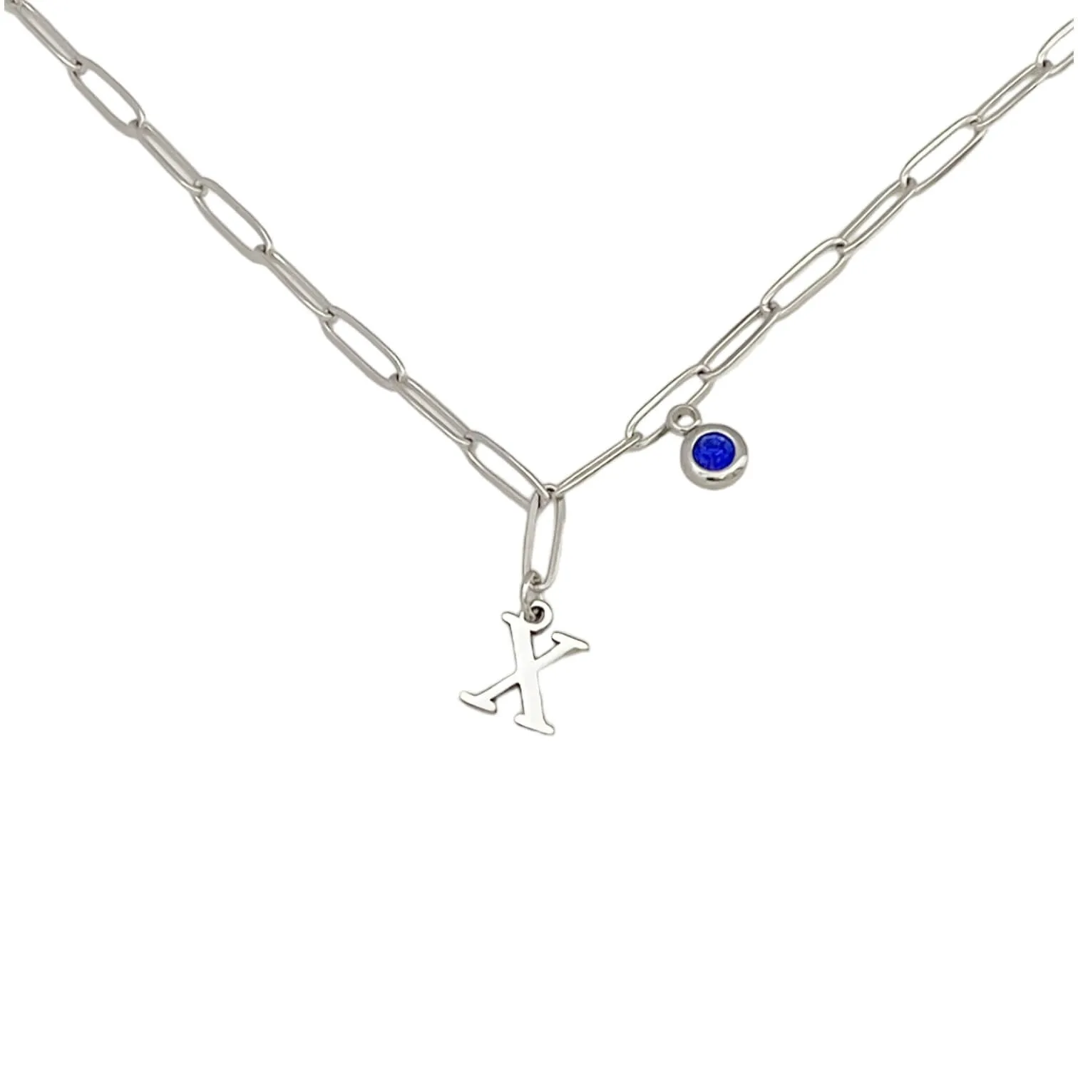 Alphabet Birthstone Paperclip Necklace Silver (V-Z)