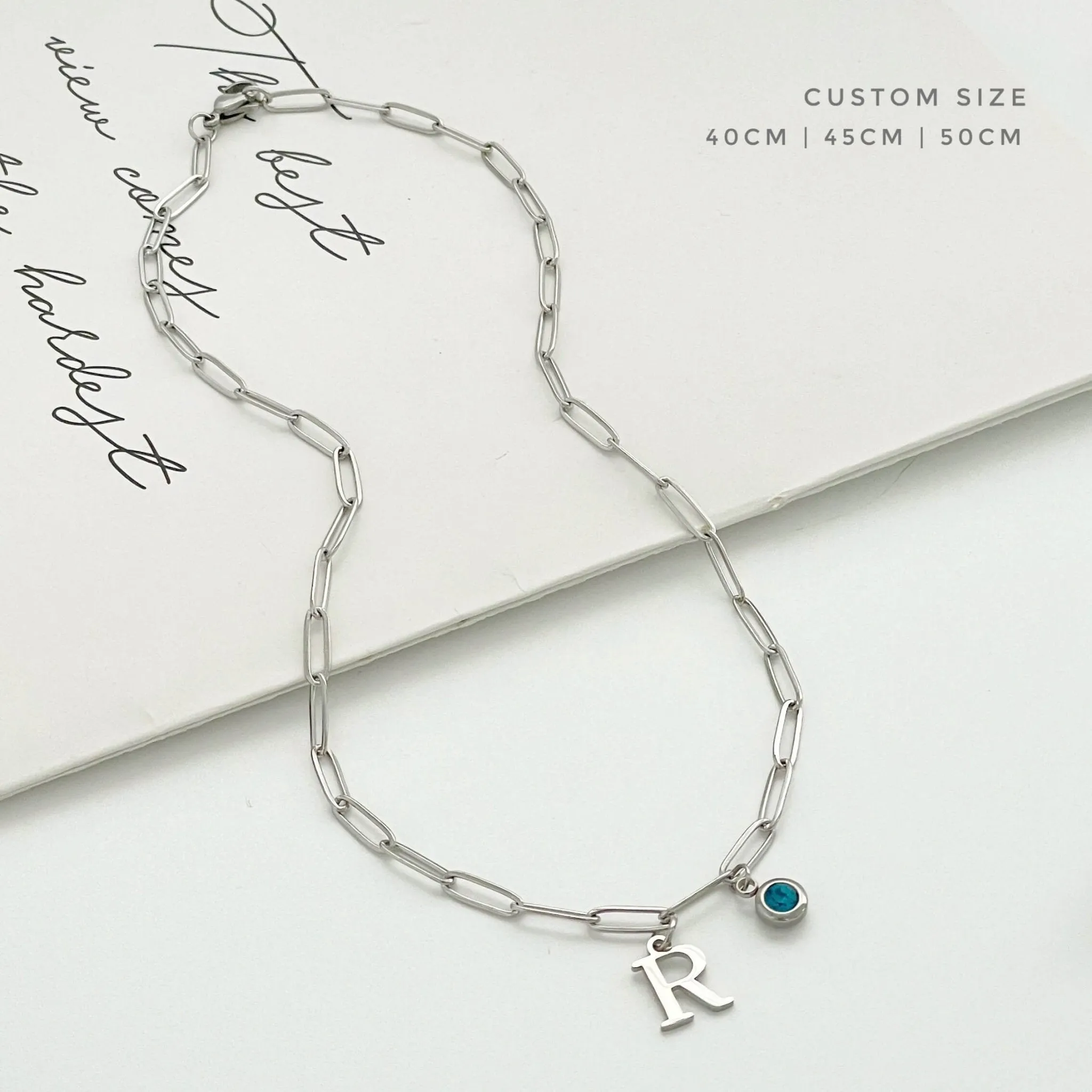 Alphabet Birthstone Paperclip Necklace Silver (V-Z)