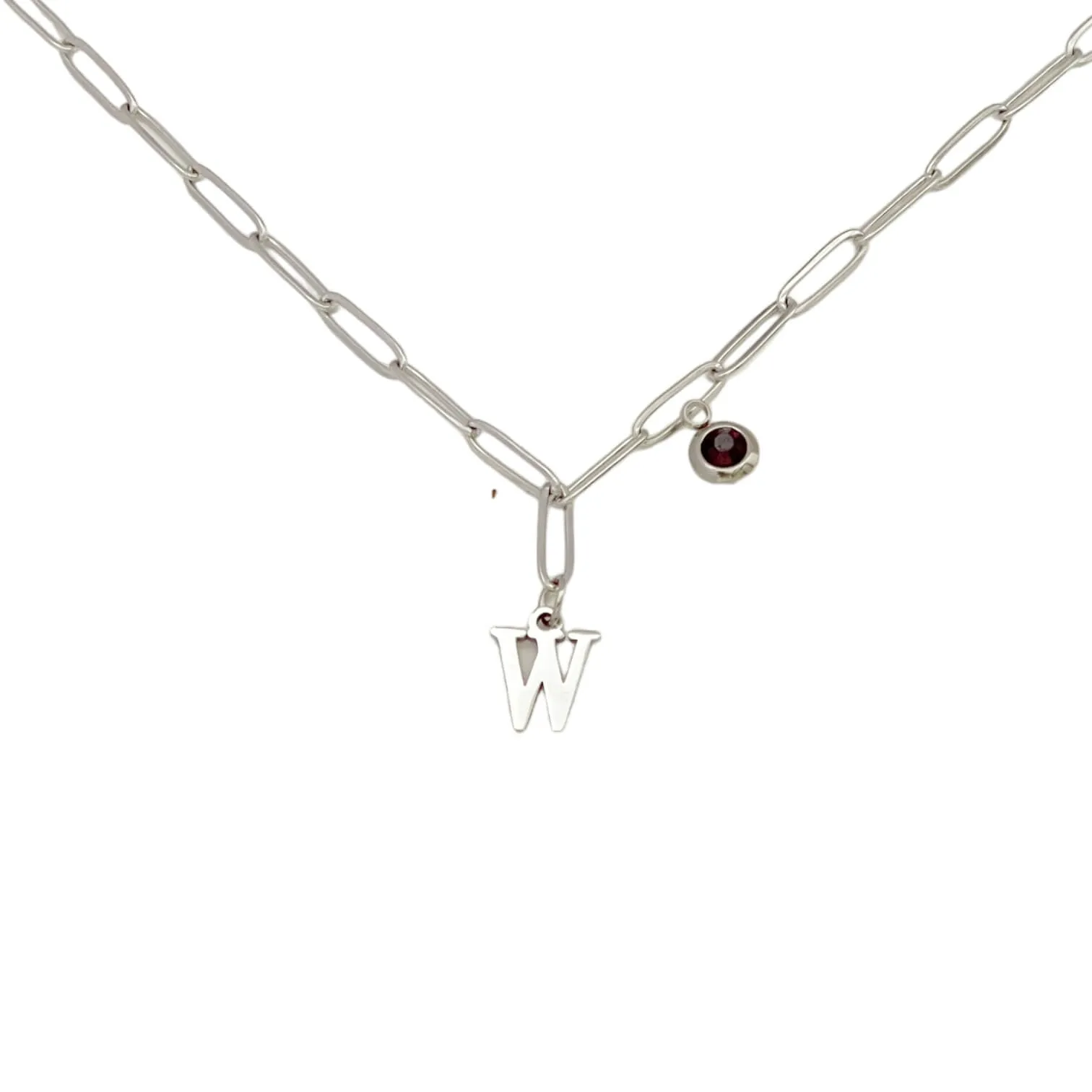 Alphabet Birthstone Paperclip Necklace Silver (V-Z)