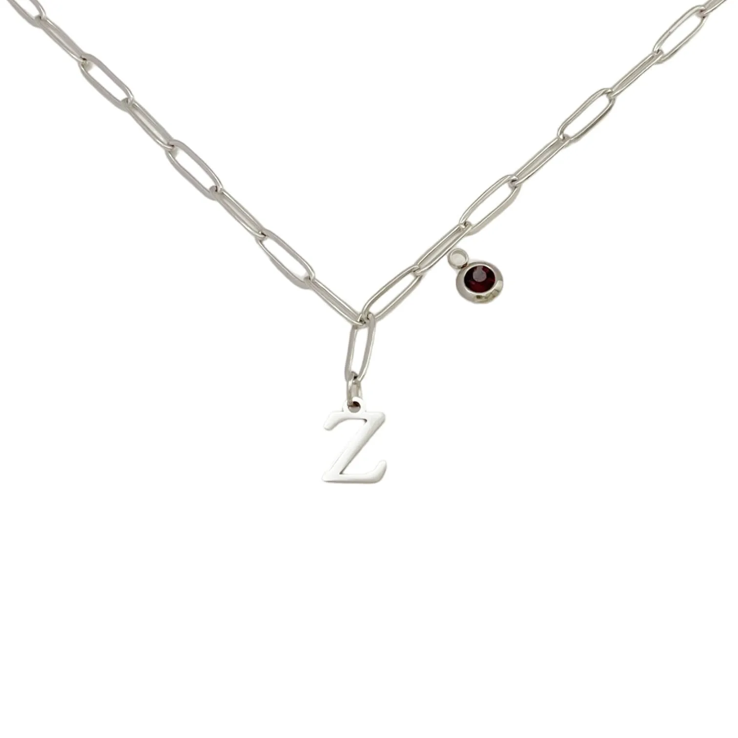 Alphabet Birthstone Paperclip Necklace Silver (V-Z)