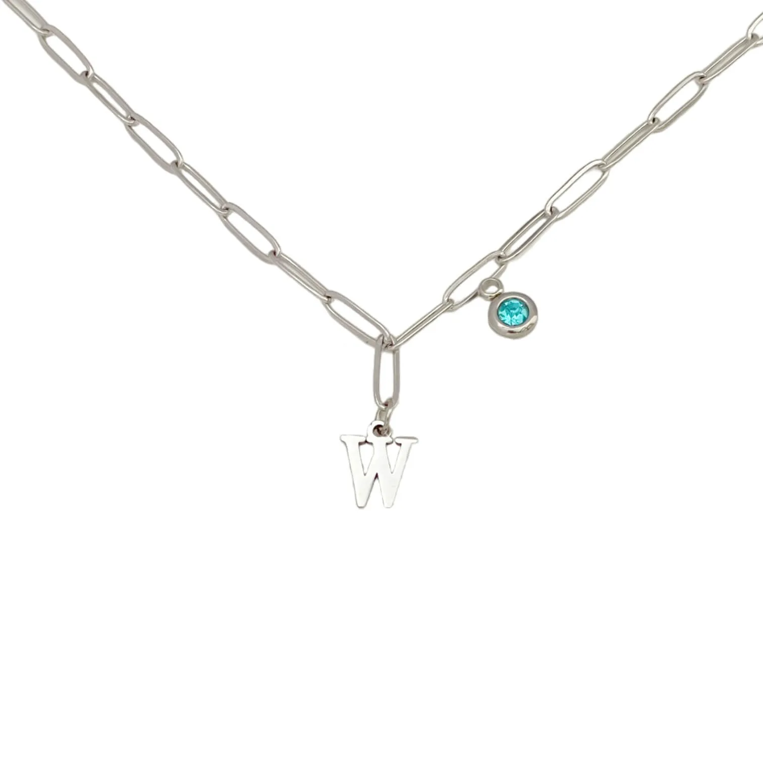 Alphabet Birthstone Paperclip Necklace Silver (V-Z)