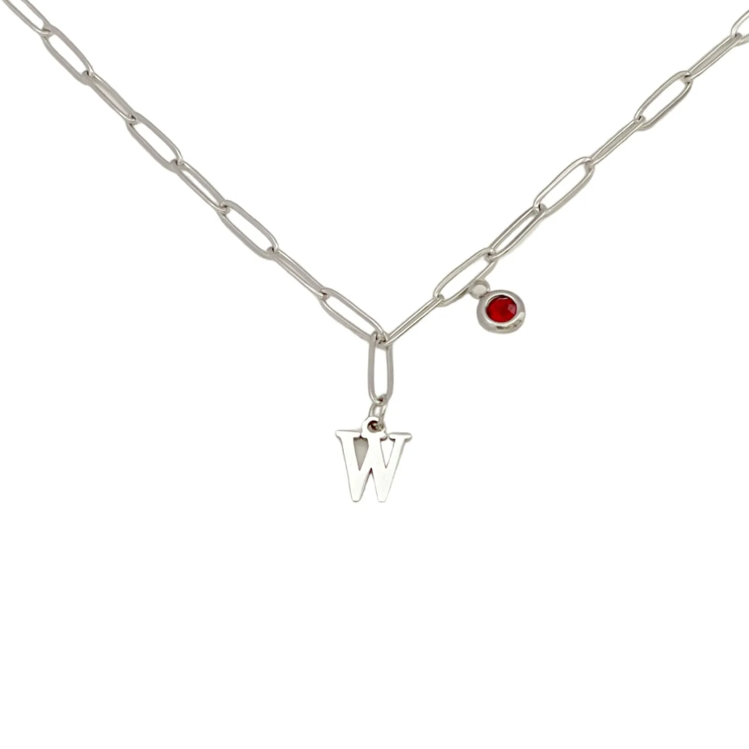 Alphabet Birthstone Paperclip Necklace Silver (V-Z)