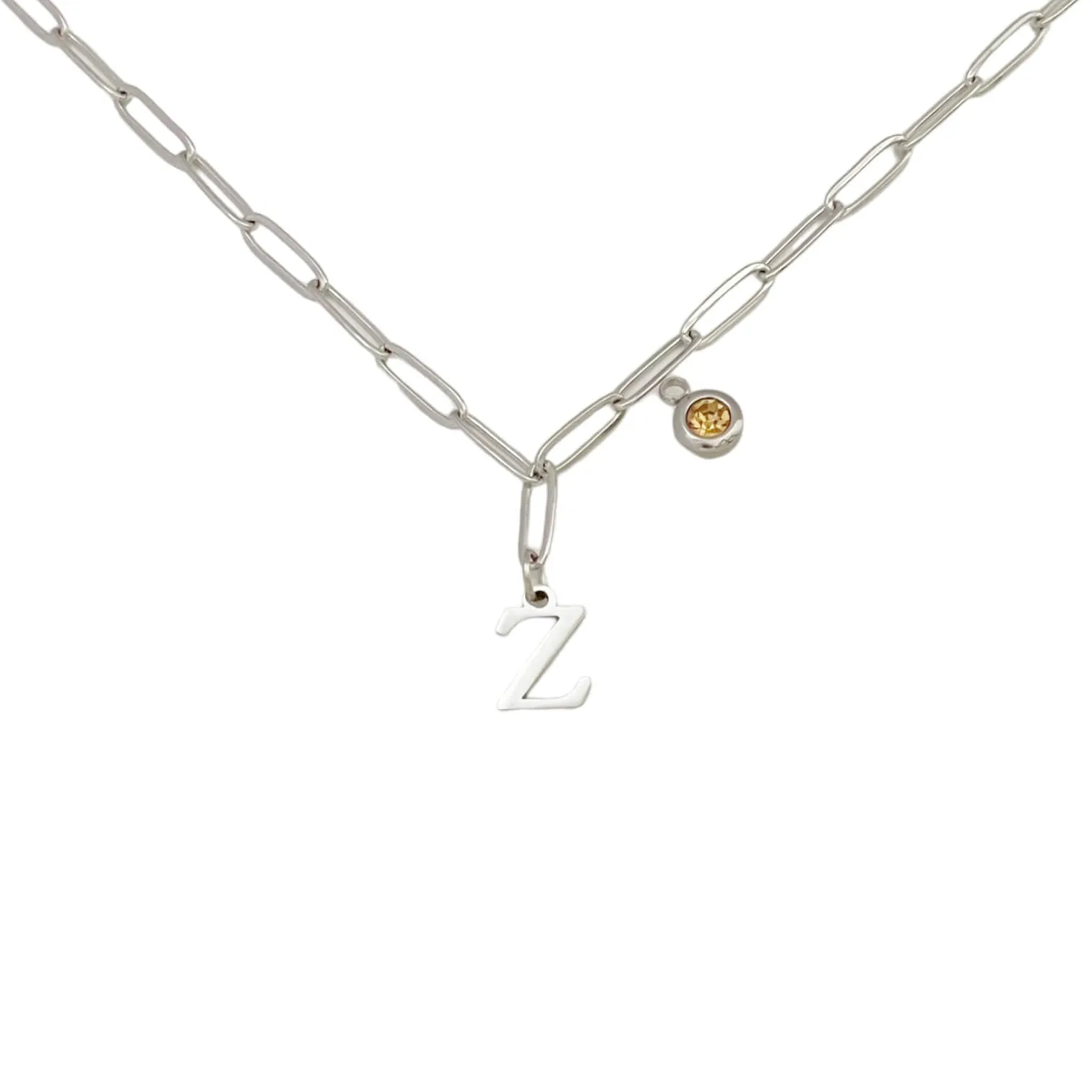 Alphabet Birthstone Paperclip Necklace Silver (V-Z)