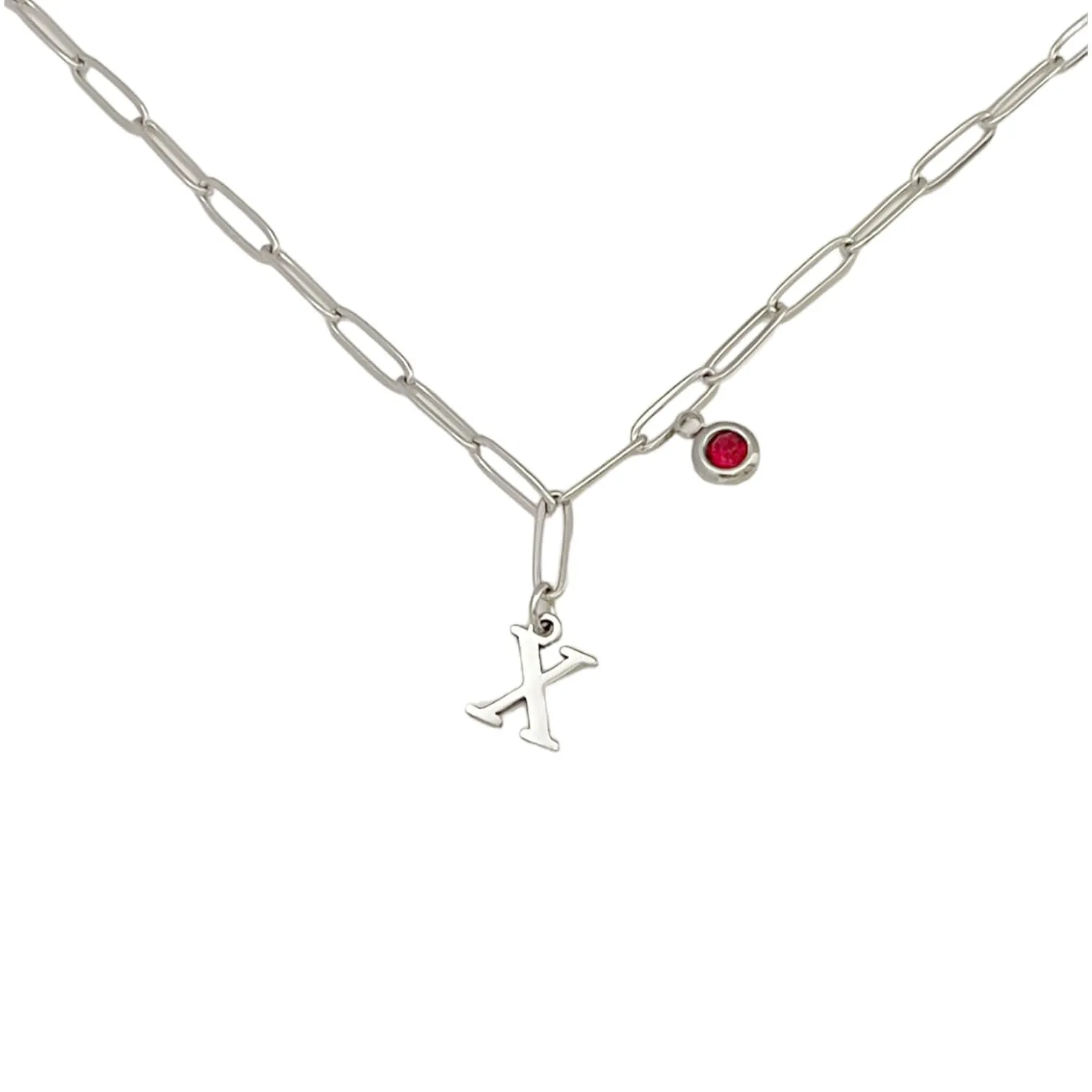 Alphabet Birthstone Paperclip Necklace Silver (V-Z)