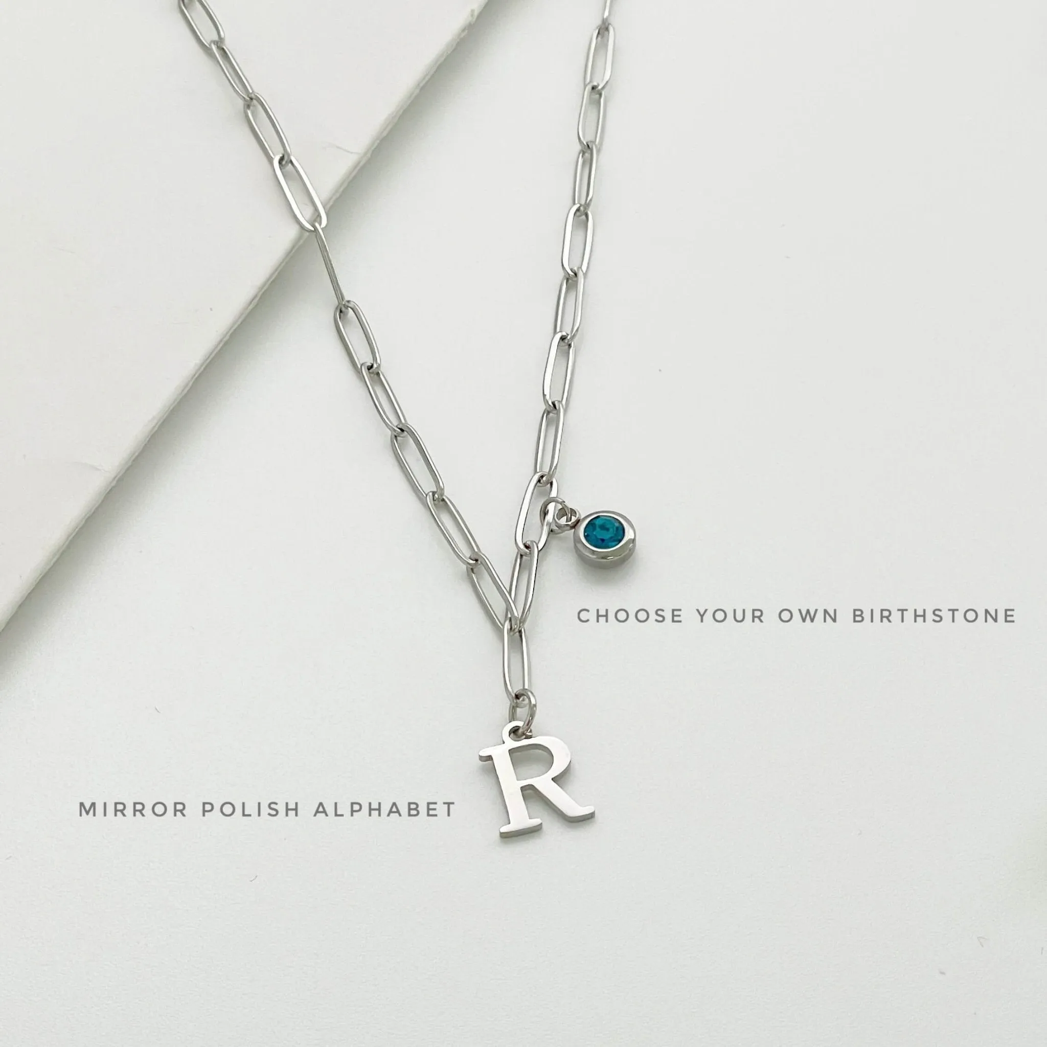 Alphabet Birthstone Paperclip Necklace Silver (V-Z)