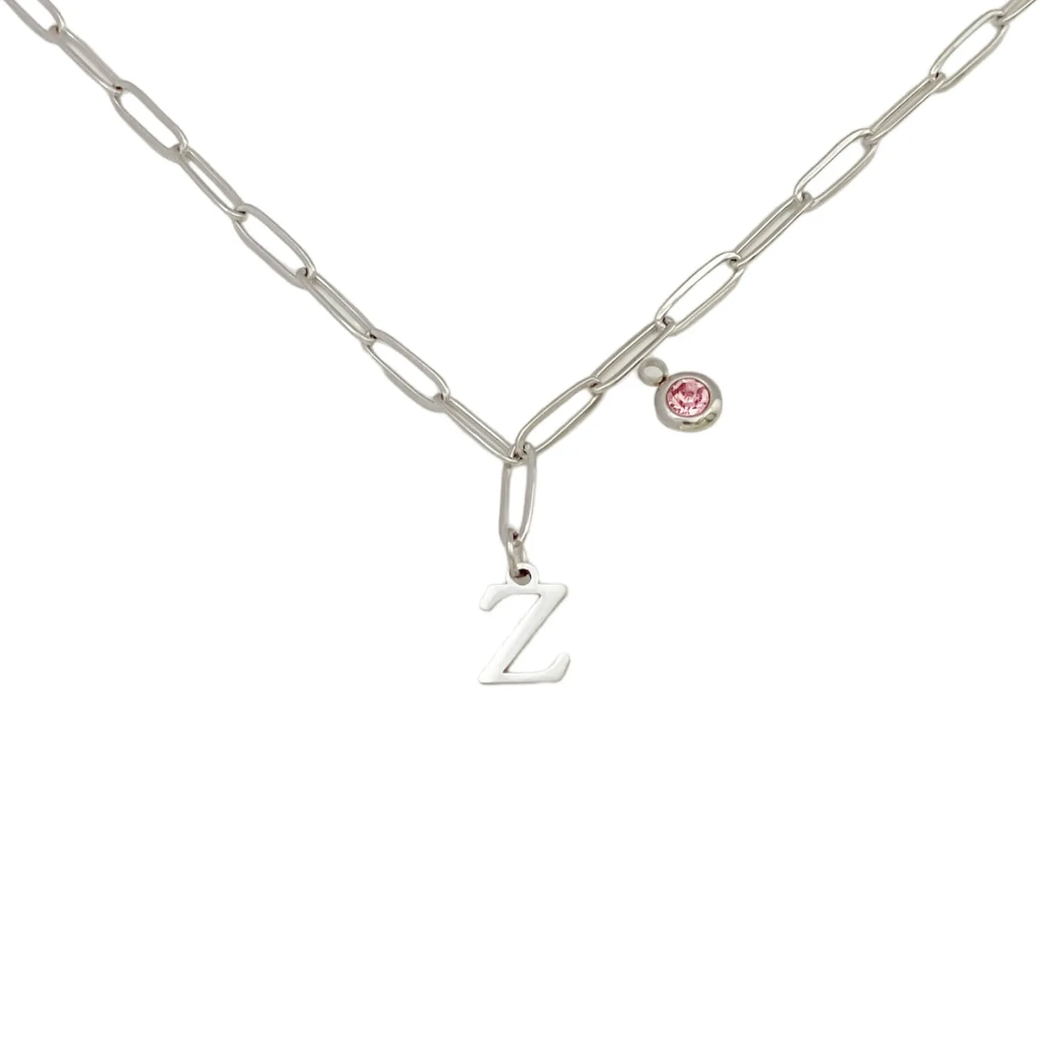 Alphabet Birthstone Paperclip Necklace Silver (V-Z)