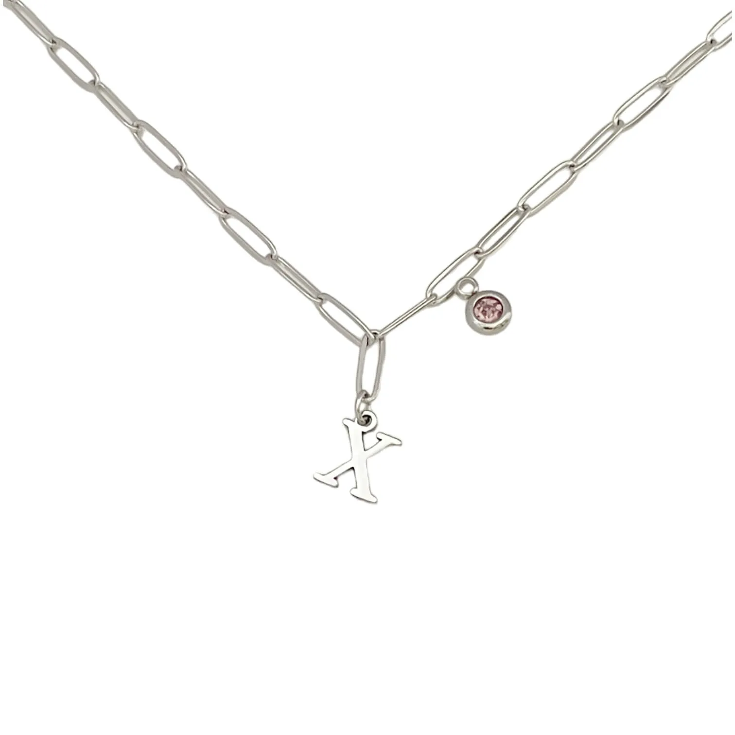 Alphabet Birthstone Paperclip Necklace Silver (V-Z)